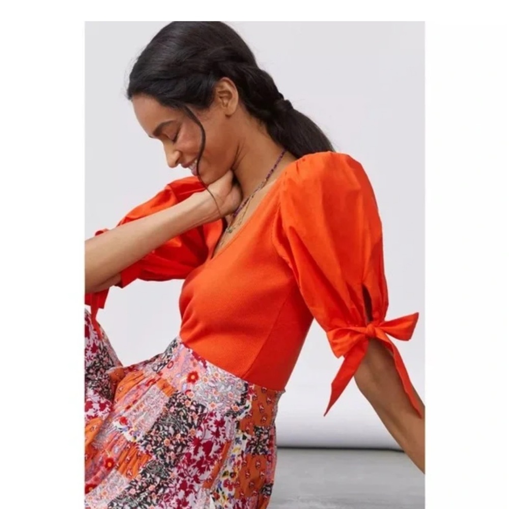 Anthropologie Vibrant Orange Puff Sleeve Blouse
